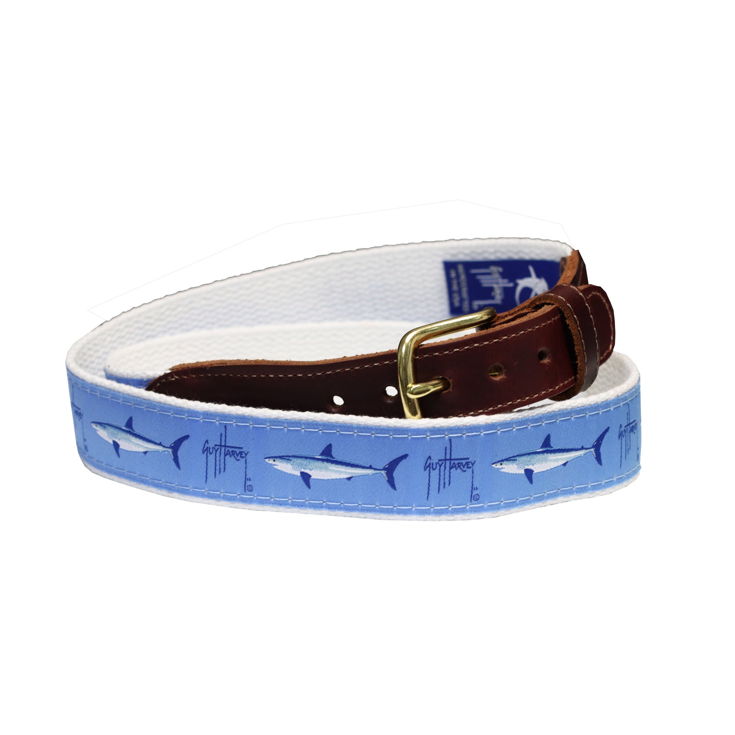 Guy Harvey Mako on Blue Mens Leather Tab Belt