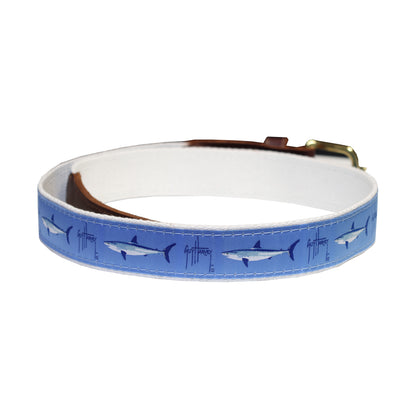 Guy Harvey Mako on Blue Mens Leather Tab Belt