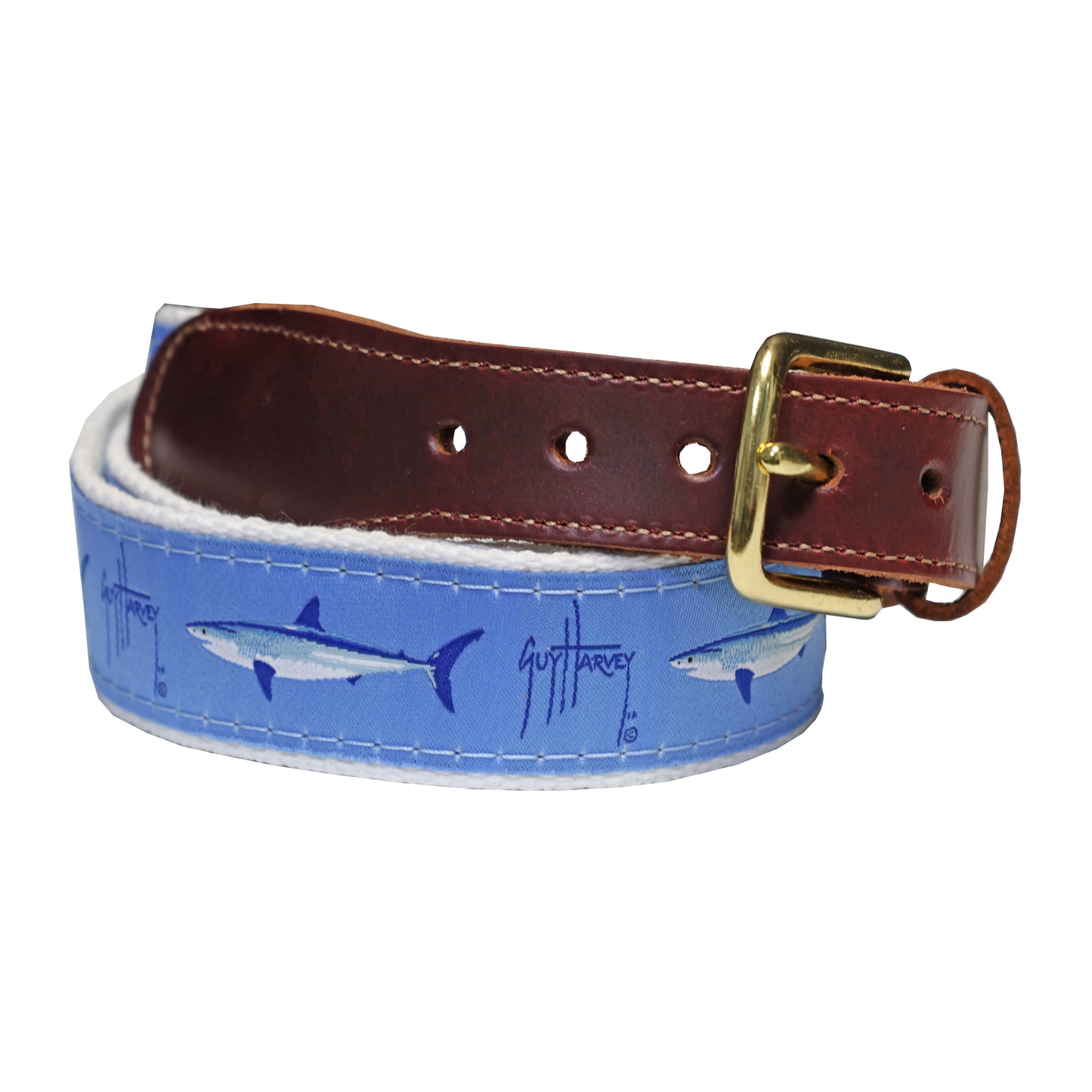 Guy Harvey Mako on Blue Mens Leather Tab Belt