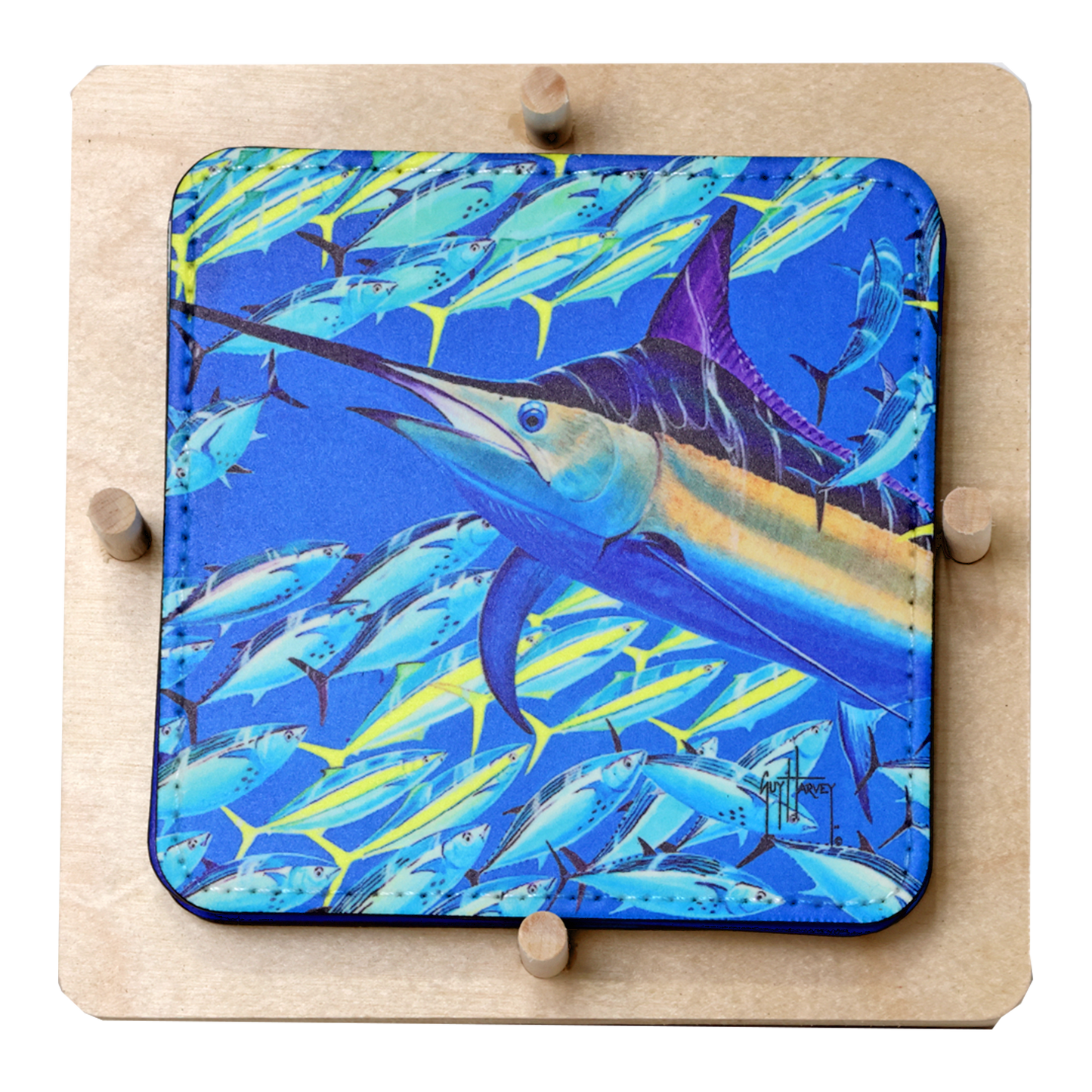 Guy Harvey Swords and Sails Square Leather Coasters with Wood Display Holder