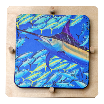 Guy Harvey Swords and Sails Square Leather Coasters with Wood Display Holder