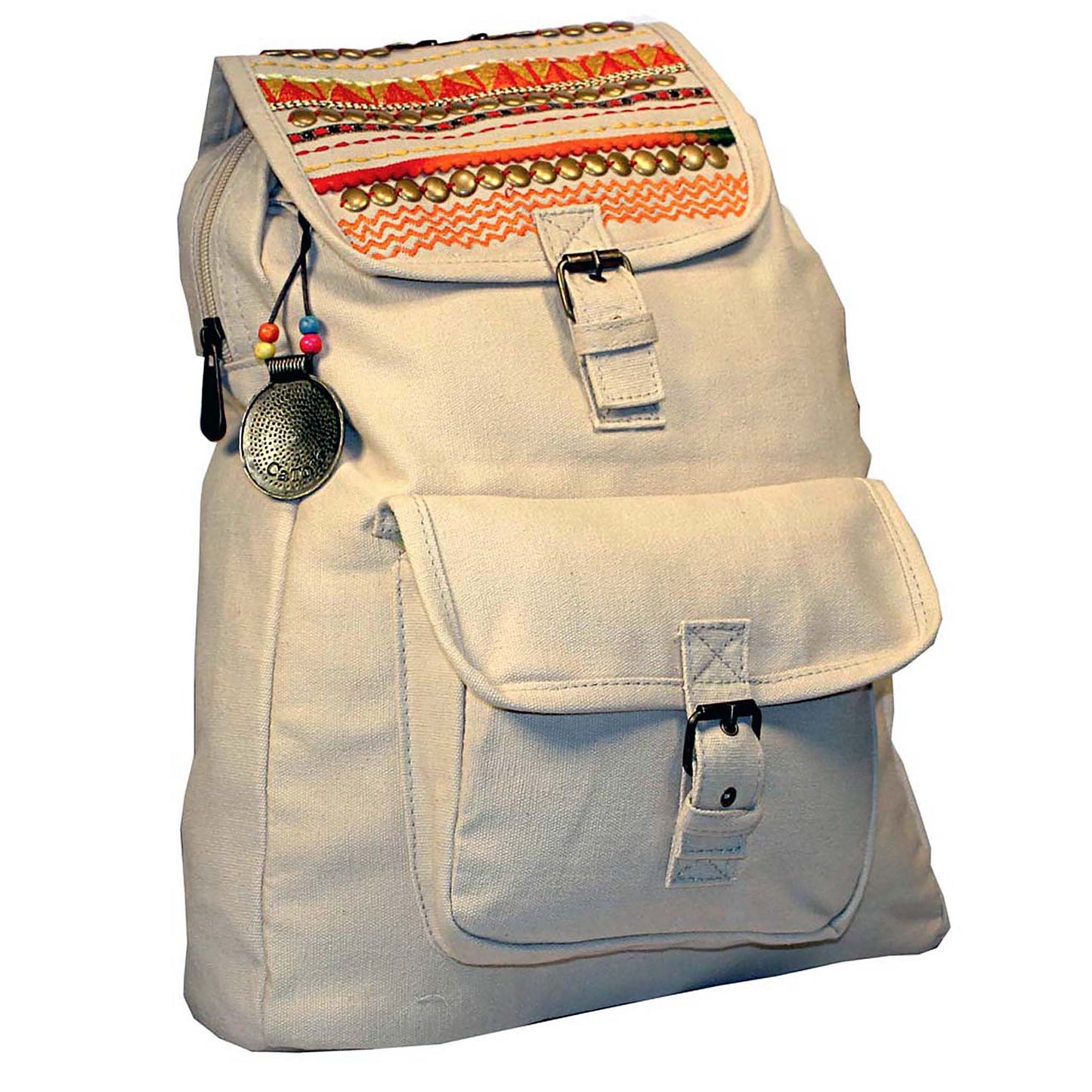 Boho Flap-Over Canvas Backpack with Zip Top & Buckle Closure