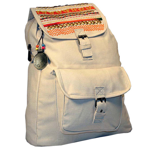 Boho Flap-Over Canvas Backpack with Zip Top & Buckle Closure