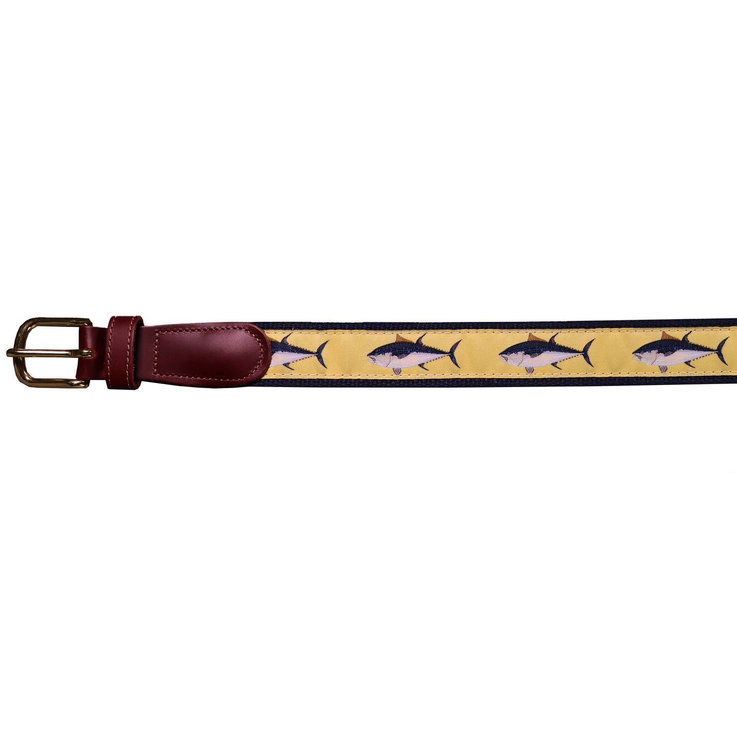 SoliVisk Men’s Nautical Embroidered Leather Tab Belt – Blue Fin Tuna Design Proudly Made in USA