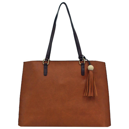 Women’s Faux Leather Tote Bag with Tassel, Goldtone Hardware & Zip Top Closure