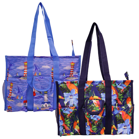 Medium 5-Pocket Utility Organizer Tote Available in Lighthouse or Tropical Parrot Print for Beach Trips, Crafting, Picnics, and Travel