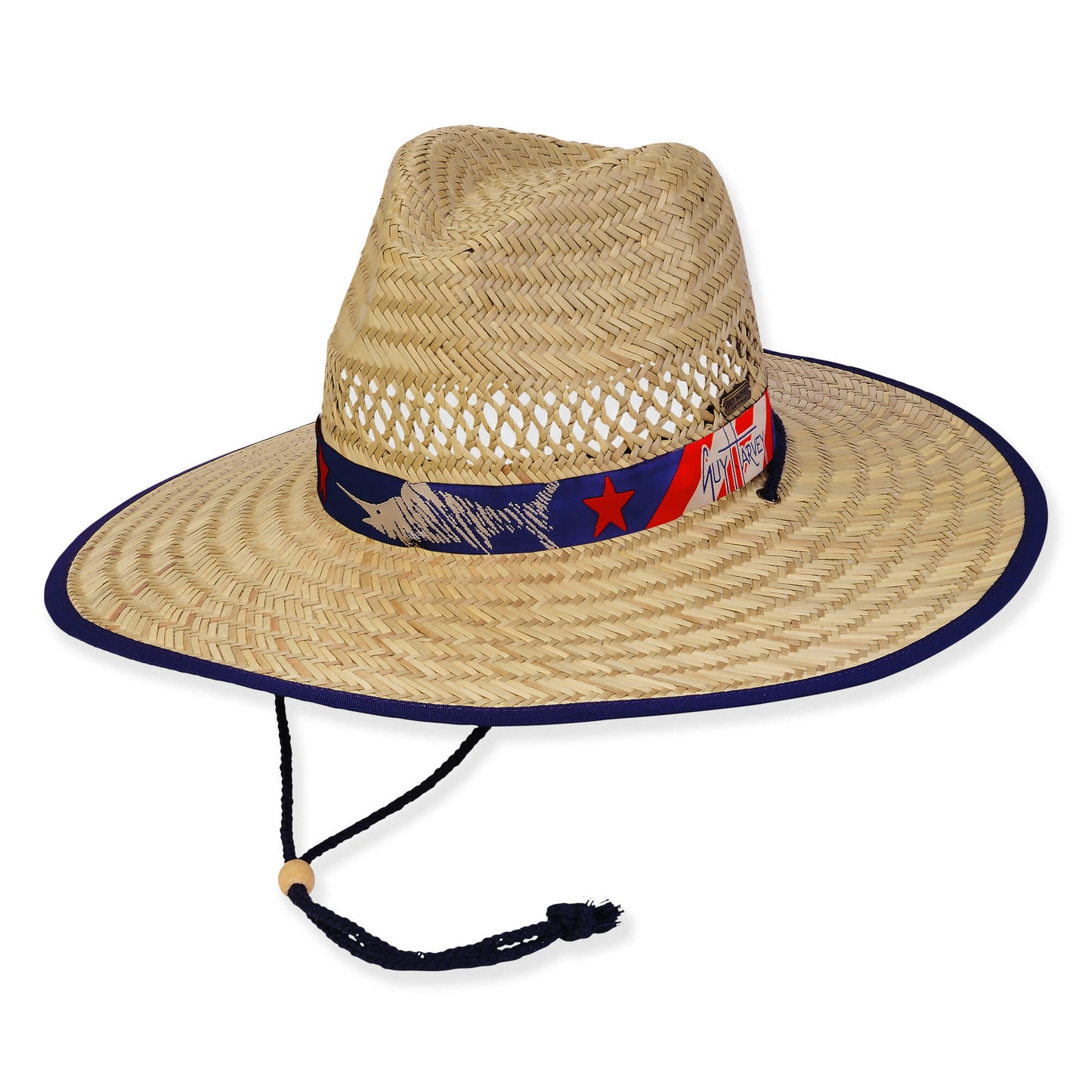 Guy Harvey Seagrass, Rush Straw Hat  4" Brim Red White and Blue Marlin