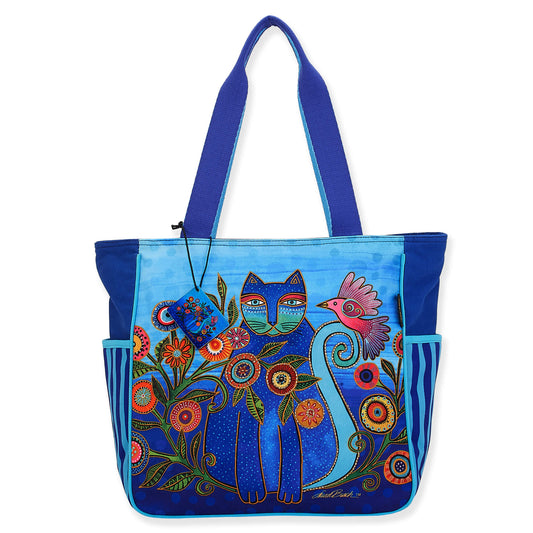 Laurel Burch Cerulean Cat Large Zipper Top Shoulder Tote