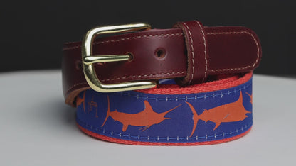 Guy Harvey Men’s Blue Marlin Orange and Royal Blue Leather Tab Belt