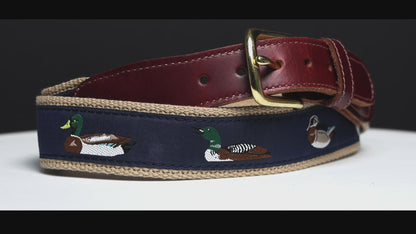 SoliVisk Men's Classic Navy Waterfowl Leather Tab Ribbon Belt